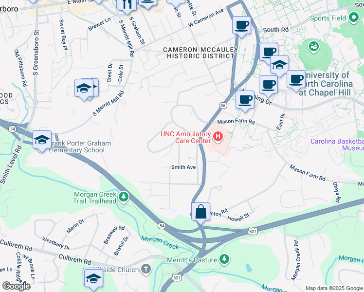 map of restaurants, bars, coffee shops, grocery stores, and more near 428 Westwood Drive in Chapel Hill