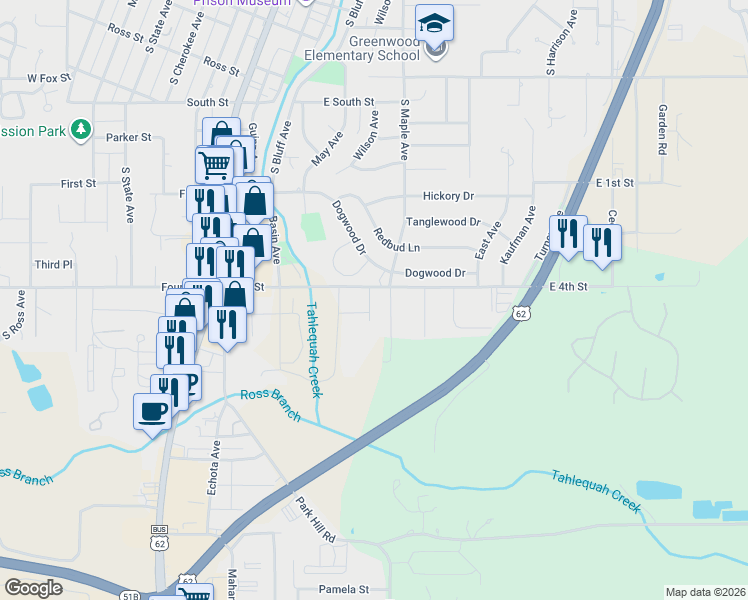 map of restaurants, bars, coffee shops, grocery stores, and more near 1223 Roosevelt Avenue in Tahlequah