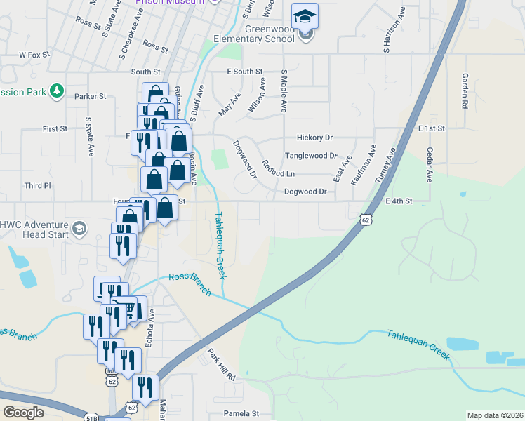 map of restaurants, bars, coffee shops, grocery stores, and more near 288 Dogwood Drive in Tahlequah