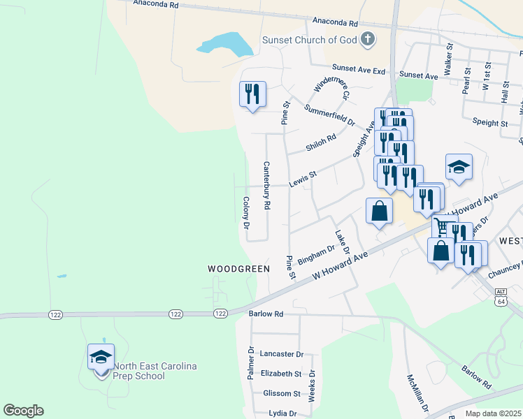 map of restaurants, bars, coffee shops, grocery stores, and more near 1508 Canterbury Road in Tarboro