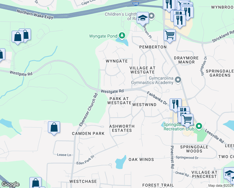 map of restaurants, bars, coffee shops, grocery stores, and more near 5632 Slide Rock Lane in Raleigh