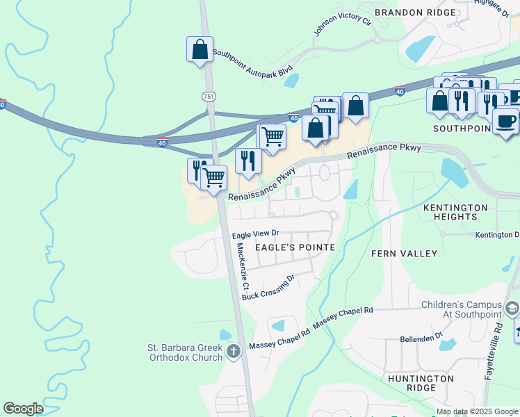 map of restaurants, bars, coffee shops, grocery stores, and more near 8 Rockwall Garden Way in Durham