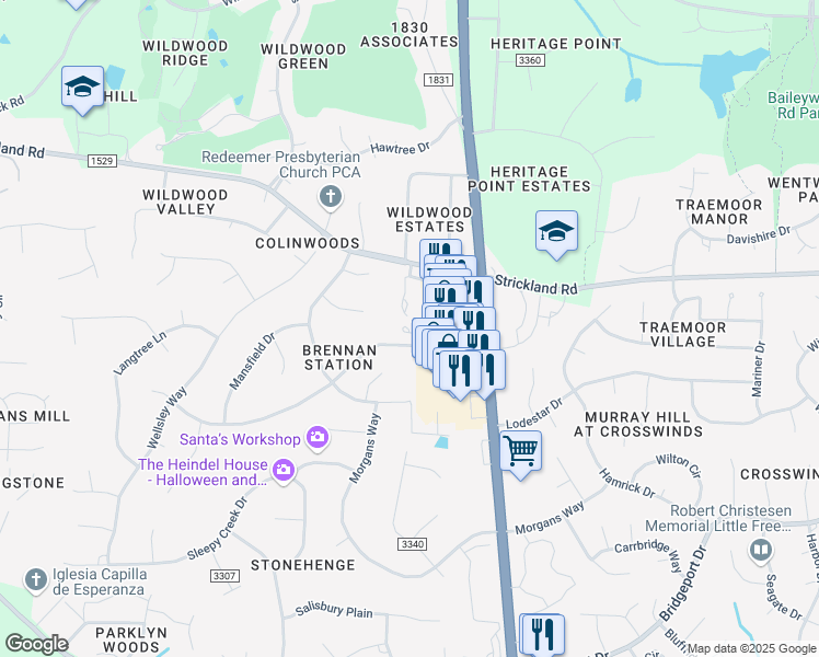 map of restaurants, bars, coffee shops, grocery stores, and more near 8300 Hempshire Place in Raleigh