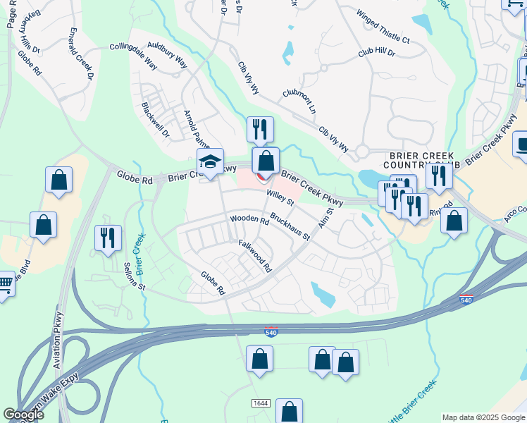 map of restaurants, bars, coffee shops, grocery stores, and more near Bruckhaus St & Cerny St in Raleigh