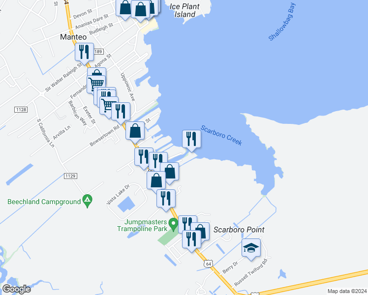 map of restaurants, bars, coffee shops, grocery stores, and more near 1108 South Bay Club Drive in Manteo