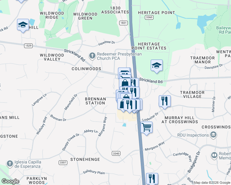 map of restaurants, bars, coffee shops, grocery stores, and more near 8300 Hempshire Place in Raleigh