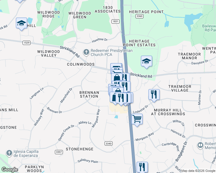 map of restaurants, bars, coffee shops, grocery stores, and more near 8300 Hempshire Place in Raleigh