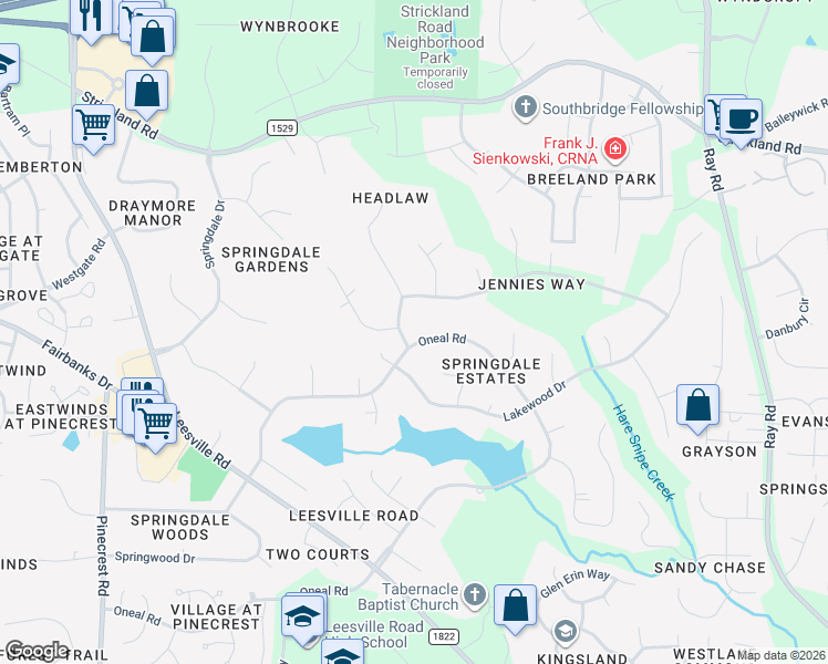 map of restaurants, bars, coffee shops, grocery stores, and more near 8804 Woodyhill Road in Raleigh