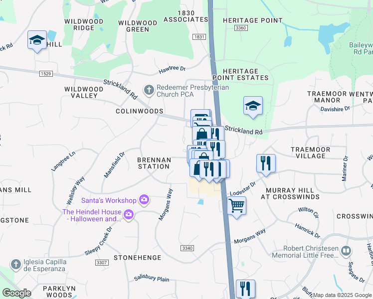 map of restaurants, bars, coffee shops, grocery stores, and more near 8221 Hempshire Place in Raleigh