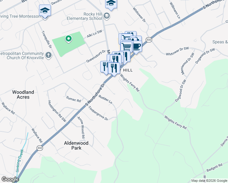 map of restaurants, bars, coffee shops, grocery stores, and more near 1408 Myart Lane in Knoxville