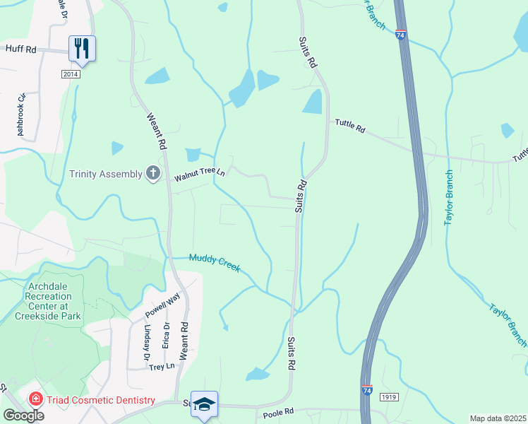 map of restaurants, bars, coffee shops, grocery stores, and more near 3355 Hilltop Drive in Archdale