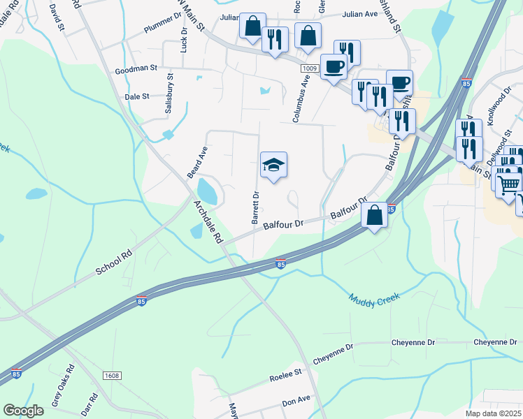 map of restaurants, bars, coffee shops, grocery stores, and more near 4123 Barrett Drive in Archdale