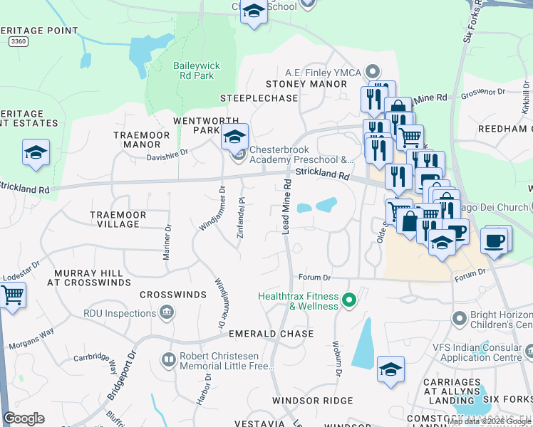 map of restaurants, bars, coffee shops, grocery stores, and more near 10106 Strickland Road in Raleigh