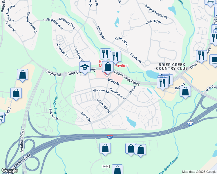 map of restaurants, bars, coffee shops, grocery stores, and more near 9240 Bruckhaus Street in Morrisville
