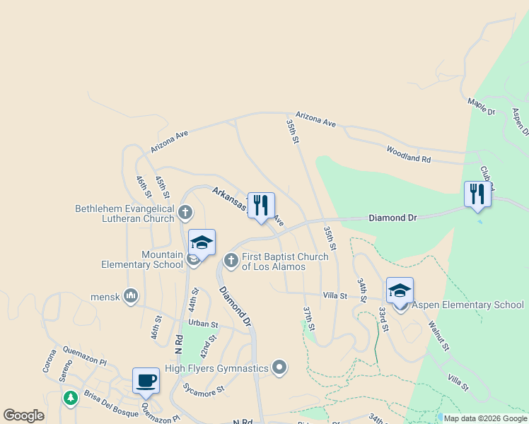 map of restaurants, bars, coffee shops, grocery stores, and more near 3974 Alabama Avenue in Los Alamos