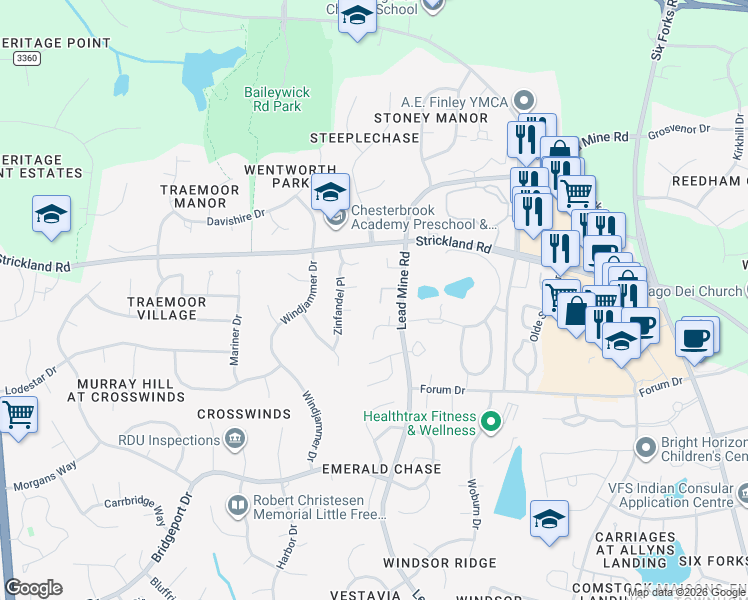 map of restaurants, bars, coffee shops, grocery stores, and more near 10106 Strickland Road in Raleigh