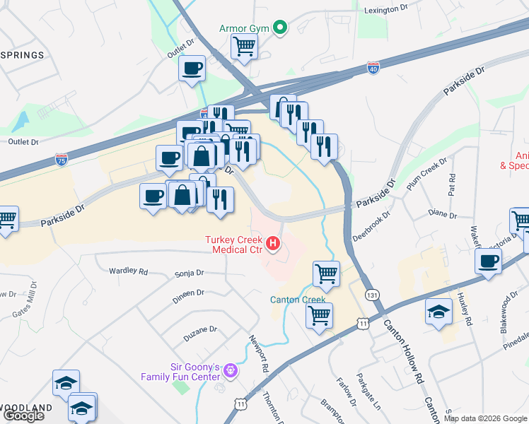 map of restaurants, bars, coffee shops, grocery stores, and more near 10865 Parkside Dr in Knoxville