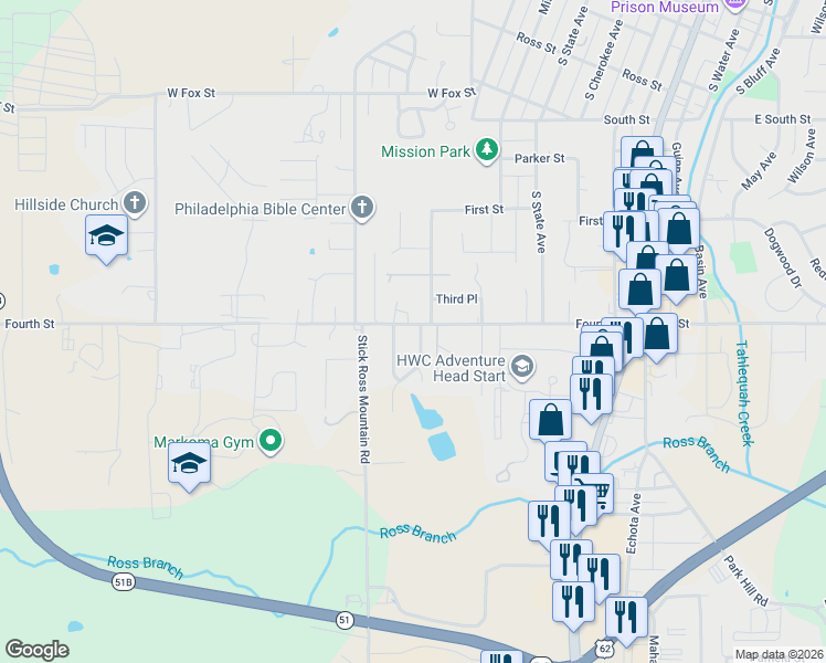 map of restaurants, bars, coffee shops, grocery stores, and more near 1102 South Owens Avenue in Tahlequah