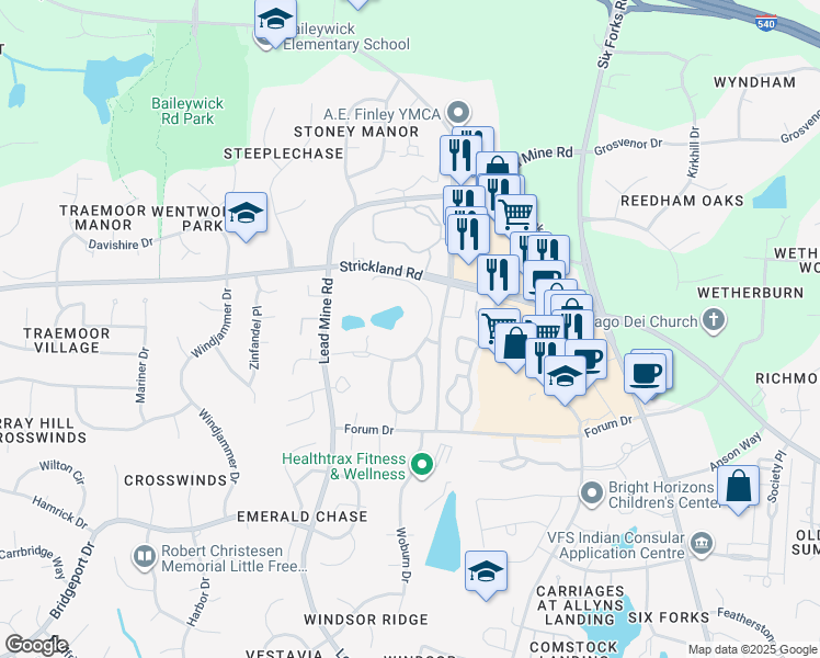 map of restaurants, bars, coffee shops, grocery stores, and more near 8801 Cypress Lakes Drive in Raleigh