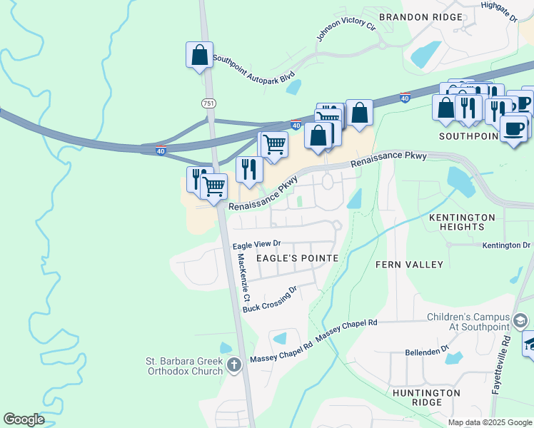 map of restaurants, bars, coffee shops, grocery stores, and more near 7912 Leonardo Drive in Durham
