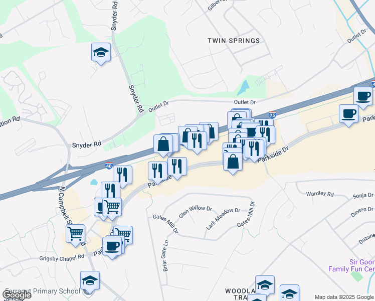 map of restaurants, bars, coffee shops, grocery stores, and more near 11437 Parkside Drive in Knoxville