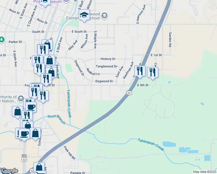 map of restaurants, bars, coffee shops, grocery stores, and more near 1208 Jay Lane in Tahlequah