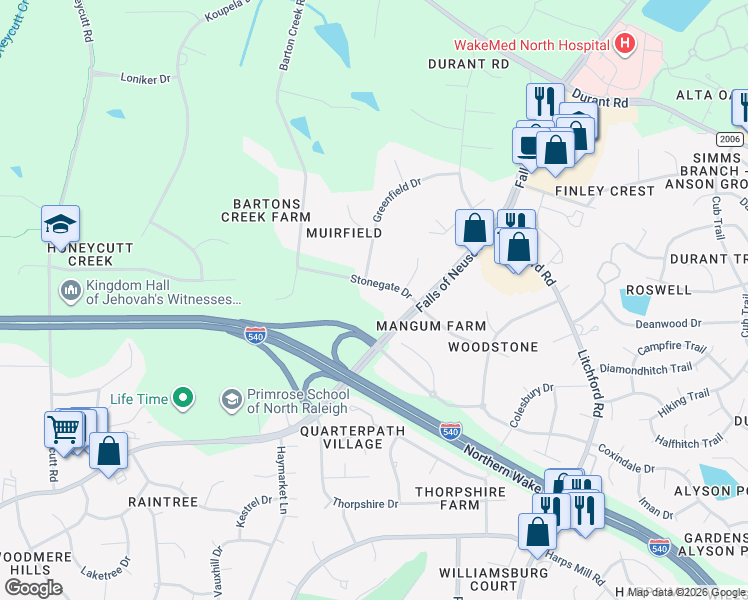 map of restaurants, bars, coffee shops, grocery stores, and more near 8717 Stonegate Drive in Raleigh