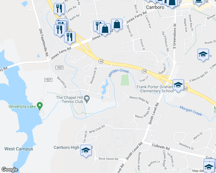 map of restaurants, bars, coffee shops, grocery stores, and more near 128 Weatherhill Point in Carrboro