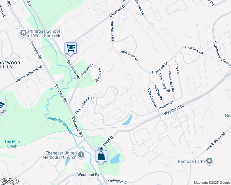 map of restaurants, bars, coffee shops, grocery stores, and more near 8500 Olde Colony Trail in Knoxville