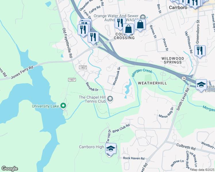 map of restaurants, bars, coffee shops, grocery stores, and more near 402 Berryhill Drive in Carrboro