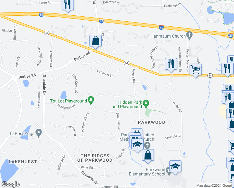 map of restaurants, bars, coffee shops, grocery stores, and more near 1409 Auburndale Drive in Durham