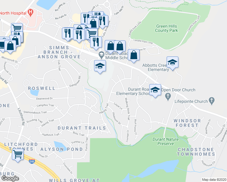 map of restaurants, bars, coffee shops, grocery stores, and more near 3200 Hiking Trail in Raleigh