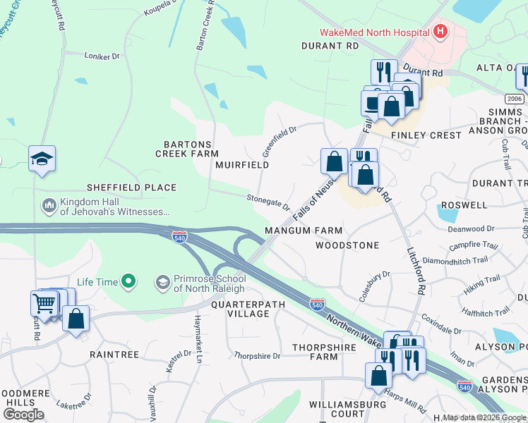 map of restaurants, bars, coffee shops, grocery stores, and more near 8717 Stonegate Drive in Raleigh
