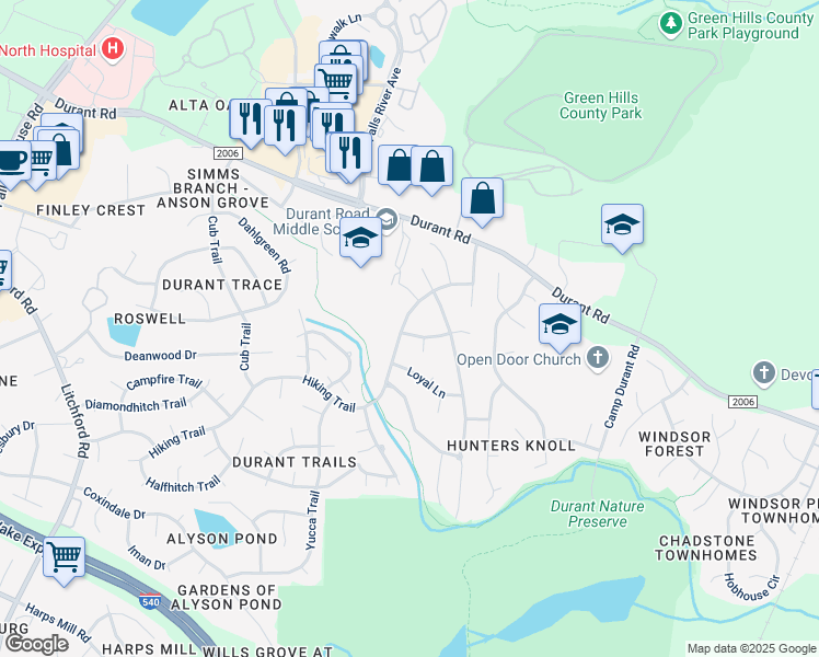 map of restaurants, bars, coffee shops, grocery stores, and more near 3200 Hiking Trail in Raleigh