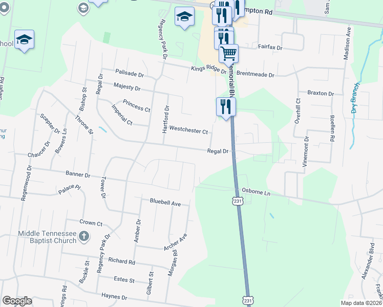 map of restaurants, bars, coffee shops, grocery stores, and more near 306 Regal Drive in Murfreesboro