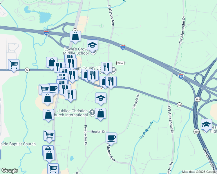 map of restaurants, bars, coffee shops, grocery stores, and more near Hwy 54 & S Alston Ave in Durham