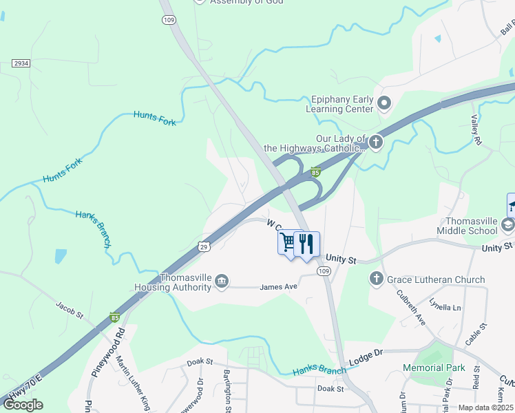map of restaurants, bars, coffee shops, grocery stores, and more near Interstate 85 Business Loop in Thomasville