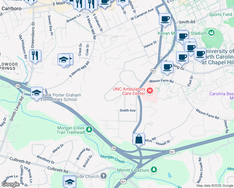 map of restaurants, bars, coffee shops, grocery stores, and more near 531 Dogwood Drive in Chapel Hill