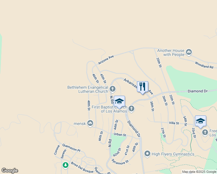 map of restaurants, bars, coffee shops, grocery stores, and more near 2400 North Road in Los Alamos