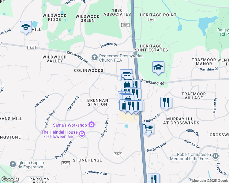 map of restaurants, bars, coffee shops, grocery stores, and more near 8300 Hempshire Place in Raleigh