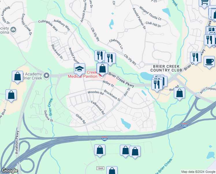 map of restaurants, bars, coffee shops, grocery stores, and more near 9210 Bruckhaus Street in Raleigh