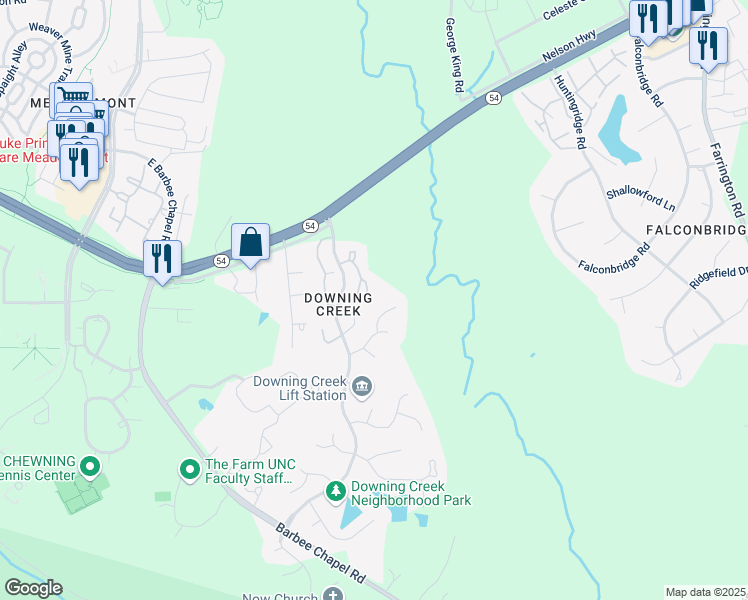 map of restaurants, bars, coffee shops, grocery stores, and more near 1228 Cranebridge Place in Chapel Hill