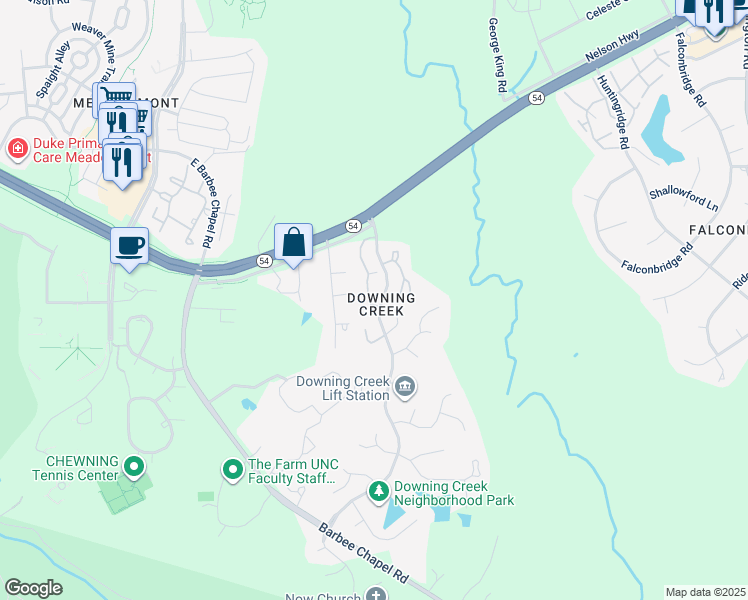 map of restaurants, bars, coffee shops, grocery stores, and more near 103 Nottingham Lane in Chapel Hill