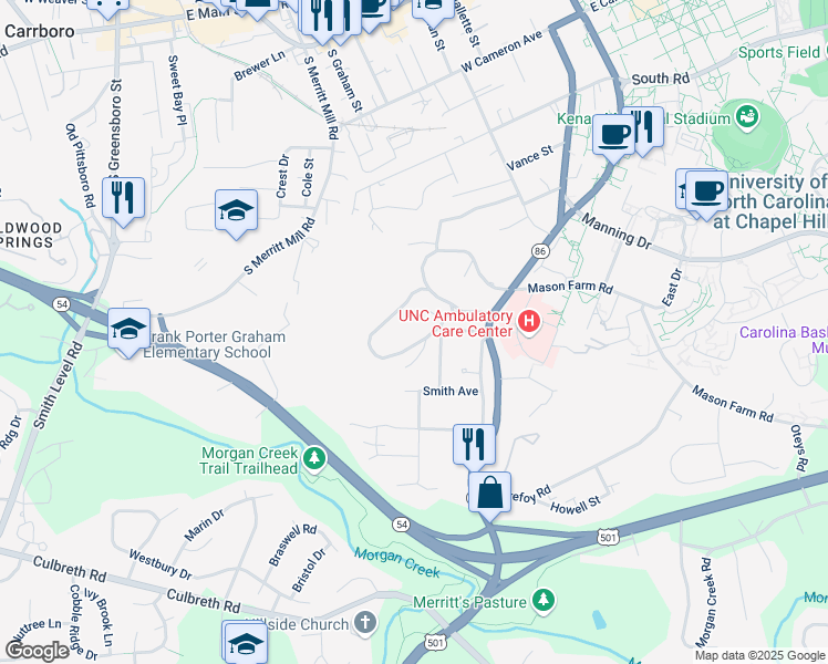map of restaurants, bars, coffee shops, grocery stores, and more near 531 Dogwood Drive in Chapel Hill