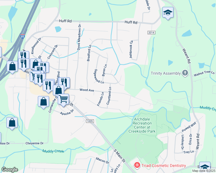 map of restaurants, bars, coffee shops, grocery stores, and more near 1007 Courtland Lane in Archdale