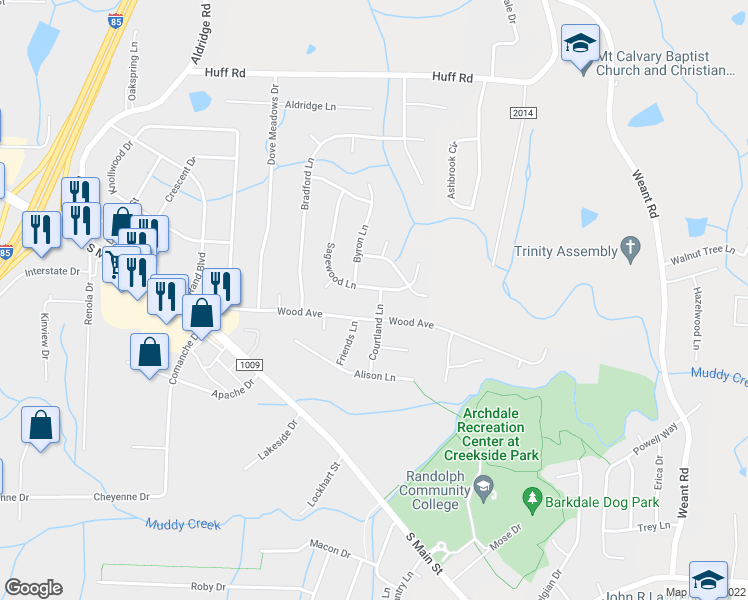 map of restaurants, bars, coffee shops, grocery stores, and more near 1007 Courtland Lane in Archdale