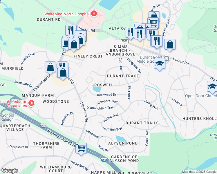 map of restaurants, bars, coffee shops, grocery stores, and more near 2312 Dahlgreen Road in Raleigh