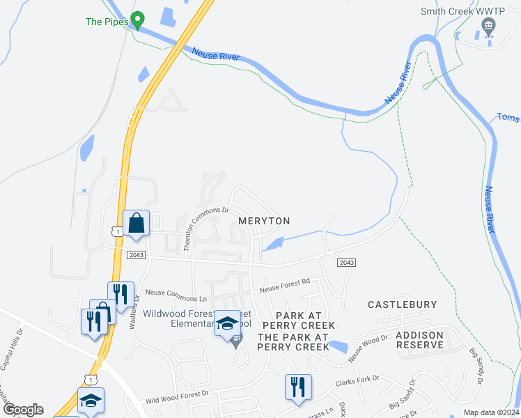map of restaurants, bars, coffee shops, grocery stores, and more near 5341 Meryton Park Way in Raleigh