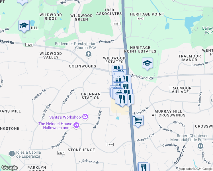 map of restaurants, bars, coffee shops, grocery stores, and more near 8301 Hempshire Place in Raleigh