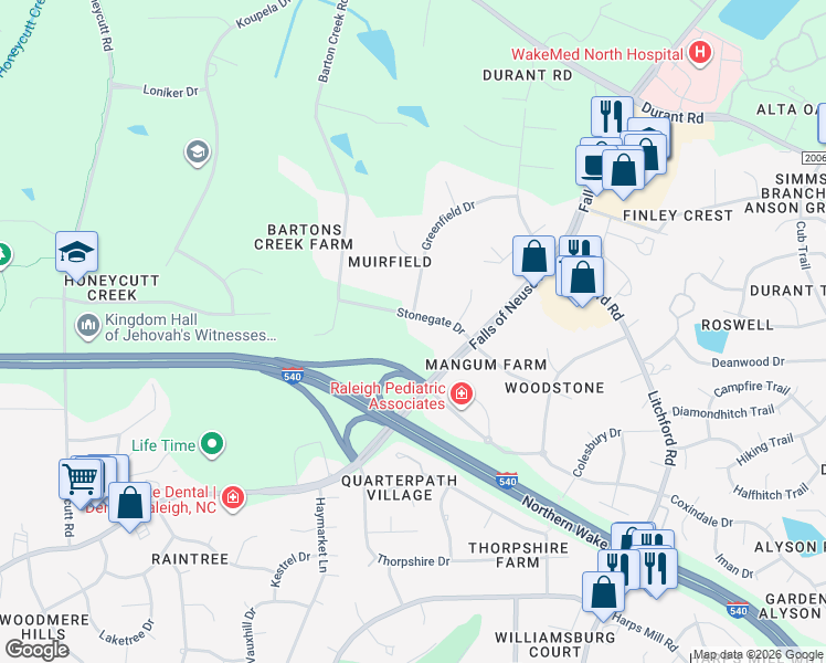 map of restaurants, bars, coffee shops, grocery stores, and more near 8717 Stonegate Drive in Raleigh